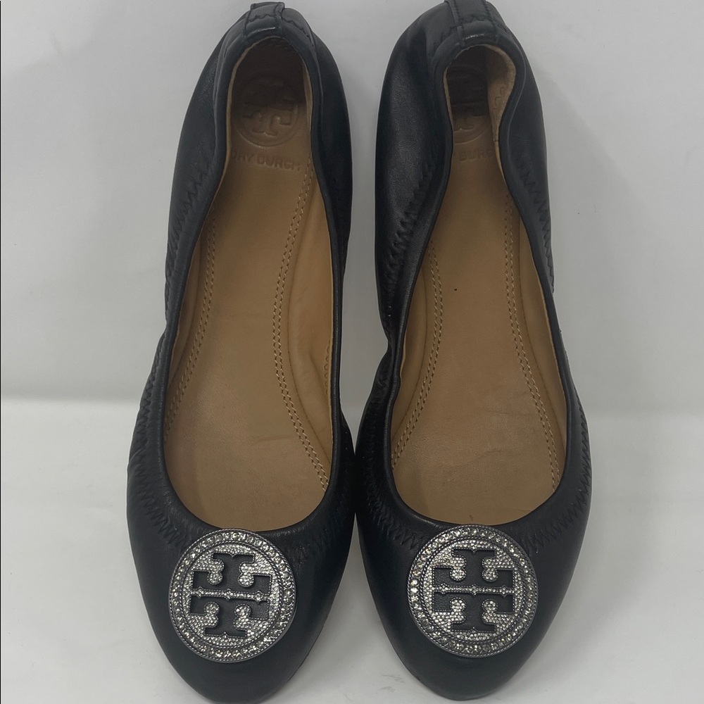Tory Burch Black Ballet Flats with Silver Rhinestone Logo Size 6.5